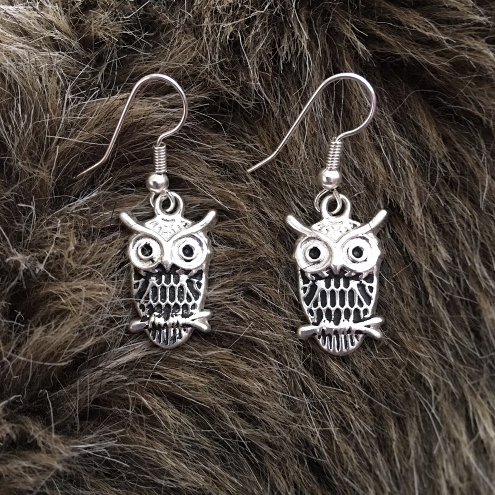 Silver tone owl fish hook dangle earrings